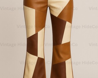 Pantalones de cuero patchwork para mujer: cintura alta, acampanados, estilo retro de los años 70 / Pantalones de cuero genuino hechos a mano / Pantalones bohemios con estilo western