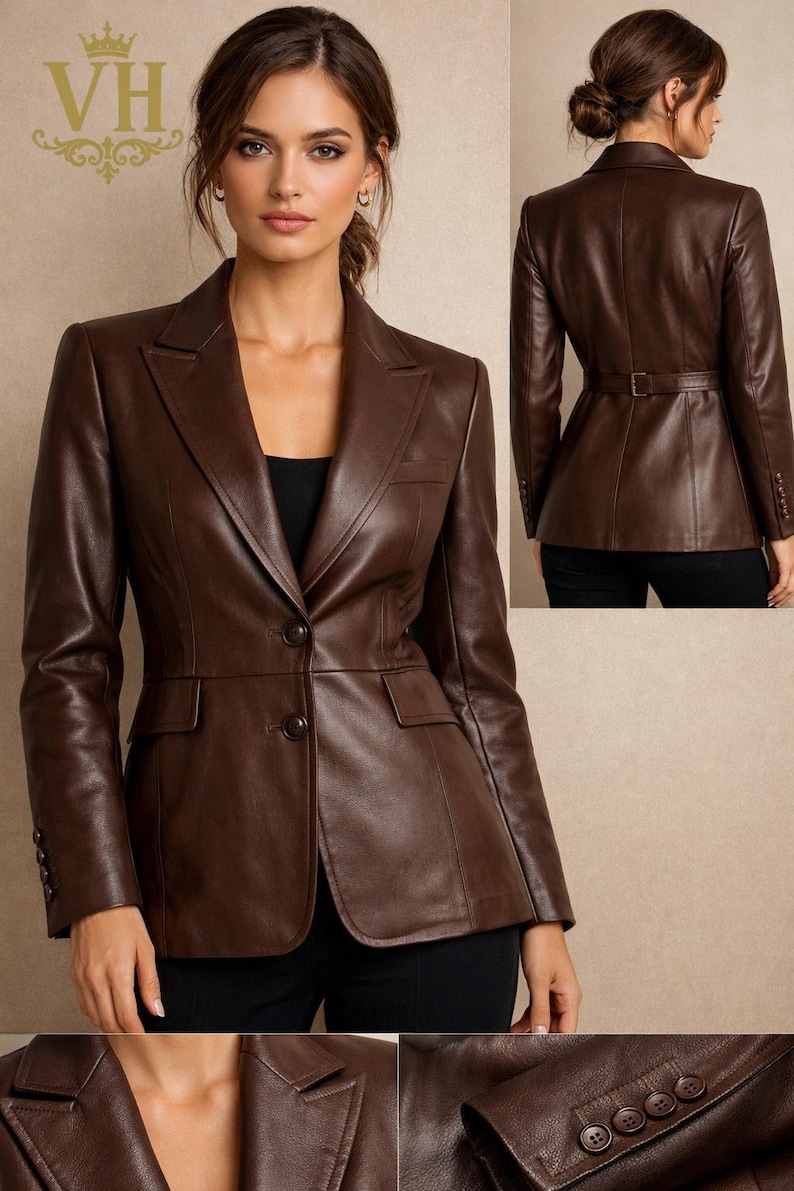 May include: A brown leather blazer with a classic tailored design. Features include a notched lapel, two front pockets, and button closures. The blazer has a fitted silhouette and a belt detail at the back. The image also shows a close-up of the buttons.