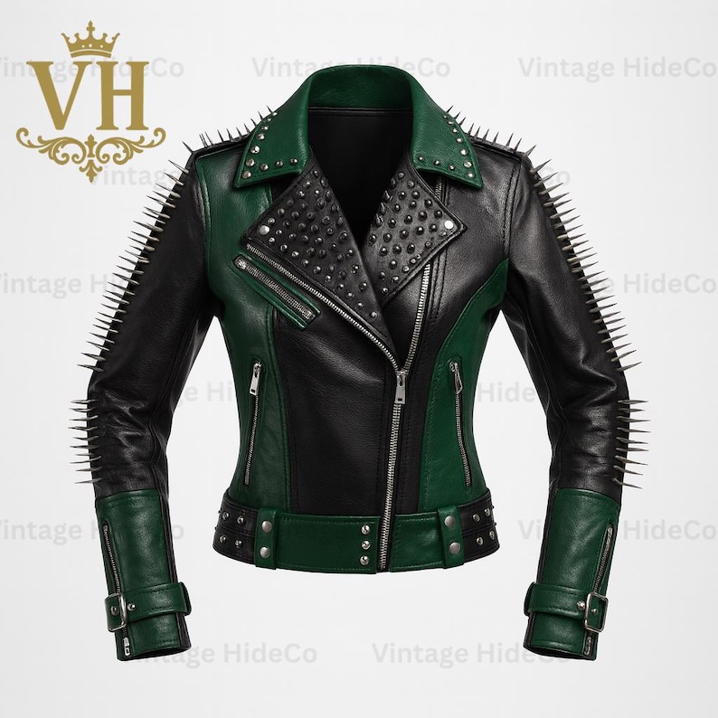 May include: Black and green leather jacket with silver spikes and studs. The jacket features a classic biker style with a notched collar, asymmetrical zipper, and multiple pockets. The sleeves and collar are green, while the body is black.