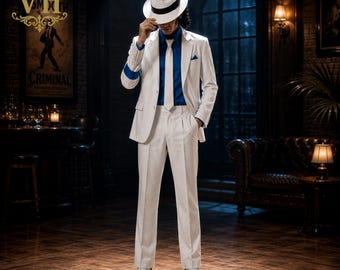 Disfraz de Michael Jackson con traje blanco, atuendo inspirado en Smooth Criminal, disfraz de cosplay de MJ, traje de actuación para hombre, disfraz de Halloween