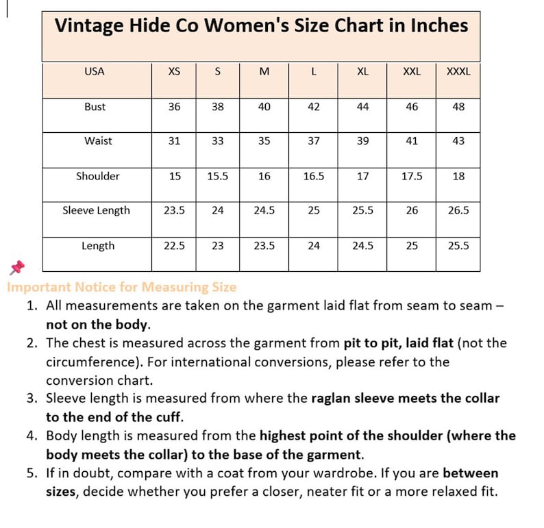 May include: A size chart from Vintage Hide Co. displays measurements in inches for women's clothing, including bust, waist, shoulder, sleeve length, and length, ranging from XS to XXXL. Important notes on measuring are also included.