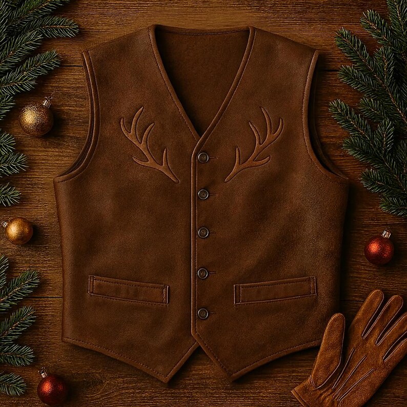 Men’s Brown Leather Vest | Handmade Western Waistcoat with Antler Emboss | Rustic Reindeer Leather Vest | Christmas & Cowboy Outfit image 5