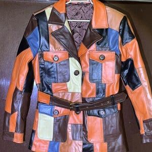 Chaqueta de cuero patchwork para mujer – Abrigo vintage de cuero auténtico marrón hecho a mano – Chaqueta de motociclista retro a medida, regalo para ella imagen 5