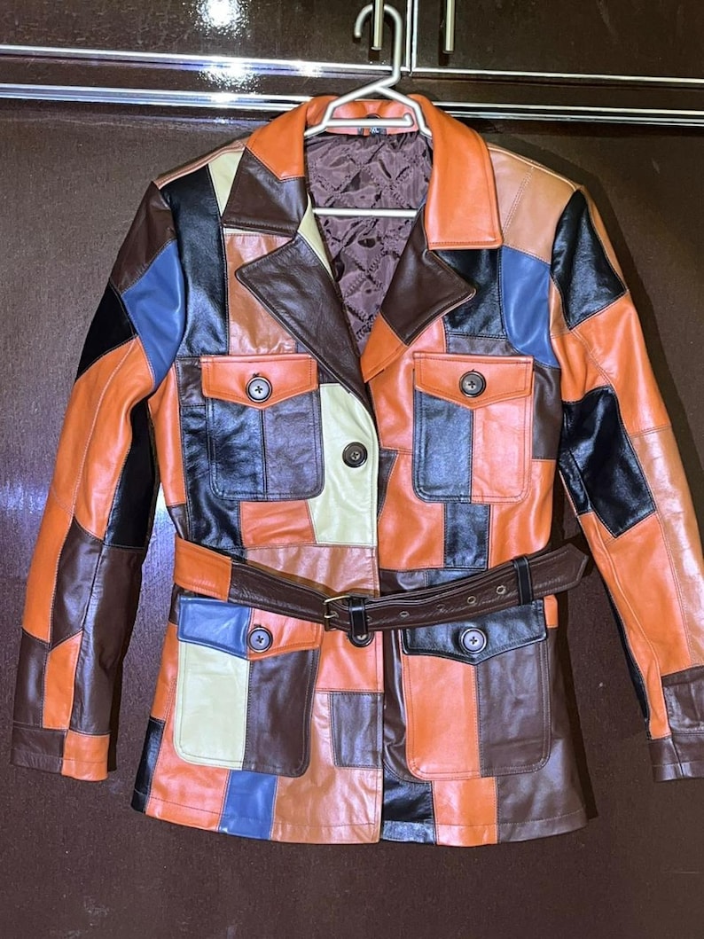 Chaqueta de cuero patchwork para mujer – Abrigo vintage de cuero auténtico marrón hecho a mano – Chaqueta de motociclista retro a medida, regalo para ella imagen 5