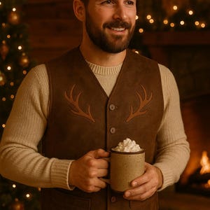 Men’s Brown Leather Vest | Handmade Western Waistcoat with Antler Emboss | Rustic Reindeer Leather Vest | Christmas & Cowboy Outfit image 3