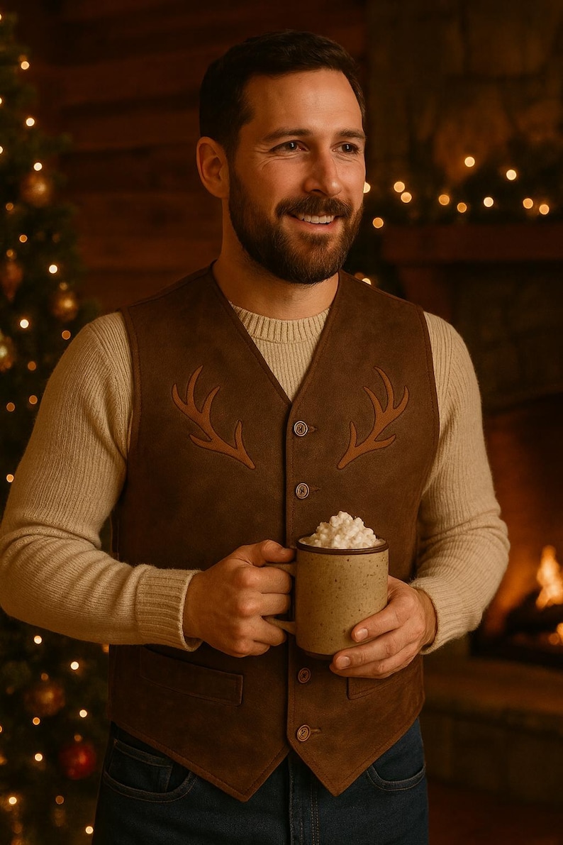 Men’s Brown Leather Vest | Handmade Western Waistcoat with Antler Emboss | Rustic Reindeer Leather Vest | Christmas & Cowboy Outfit image 3