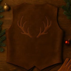 Men’s Brown Leather Vest | Handmade Western Waistcoat with Antler Emboss | Rustic Reindeer Leather Vest | Christmas & Cowboy Outfit image 4