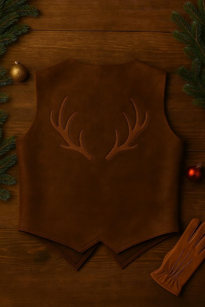 Men’s Brown Leather Vest | Handmade Western Waistcoat with Antler Emboss | Rustic Reindeer Leather Vest | Christmas & Cowboy Outfit image 4