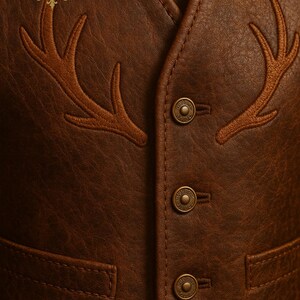 May include: Brown leather vest with embroidered antler design. Features three brass buttons and two front pockets. The vest has a classic, tailored fit and is suitable for various occasions.