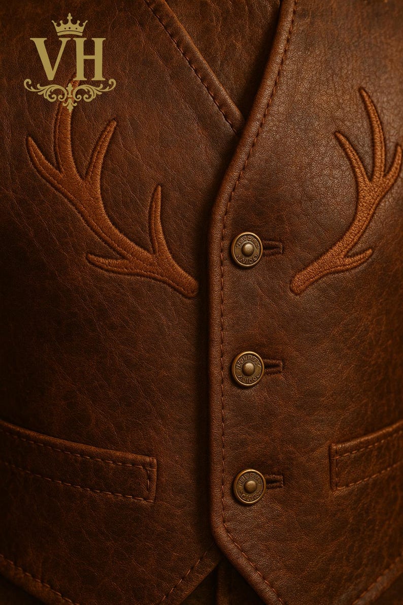 May include: Brown leather vest with embroidered antler design. Features three brass buttons and two front pockets. The vest has a classic, tailored fit and is suitable for various occasions.