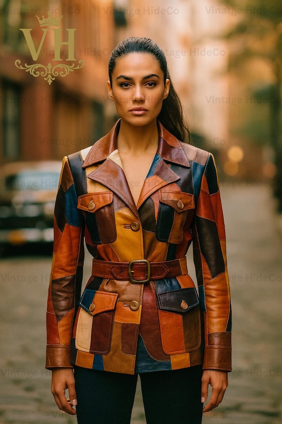 Women’s Patchwork Leather Jacket – Handmade Vintage Brown Real Leather Coat – Custom Size Retro Biker Jacket Gift for Her