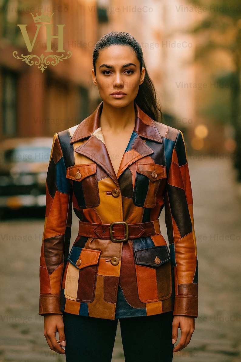 Puede incluir: Una chaqueta de cuero patchwork multicolor en tonos marrones, naranjas, amarillos y azules. La chaqueta tiene una cintura con cintur&oacute;n, dos bolsillos en el pecho y dos bolsillos inferiores. La chaqueta tiene un cuello cl&aacute;sico y cierre de botones. El texto "VH" y "Vintage HideCo" tambi&eacute;n es visible.