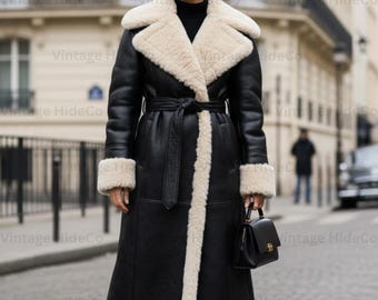 Women’s Black Shearling Leather Trench Coat – Long Sheepskin Winter Jacket with Belt, Faux Fur Lined Luxury Warm Overcoat