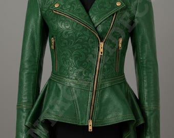 Women’s Green Embossed Leather Jacket, Gothic Steampunk Peplum Coat, Victorian Corset Leather Jacket, Floral Zipped Real Leather Outerwear