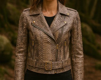 Damen Python Leder Bikerjacke | Echtes Schlangenleder Moto Mantel mit Gürtel & Gold-Reißverschlüssen | Luxus handgefertigtes Oberbekleidung Geschenk