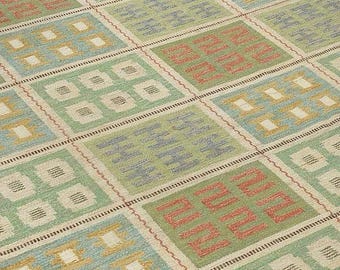 手織りスウェーデンキリムラグ：ウール幾何学平織り、ボヘミアンスタイル 6×8