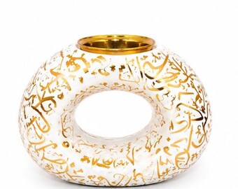 Quemador de cerámica Bakhoor con caligrafía árabe / Porta incienso blanco y dorado / Quemador de oud / Calentador de cera para velas pequeñas / Regalo de decoración islámica para el hogar