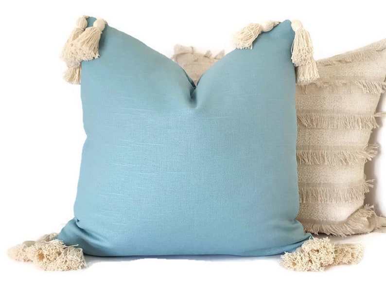 Solid Blue Tassel Pillow Cotton Linen Pillow Cover Etsy