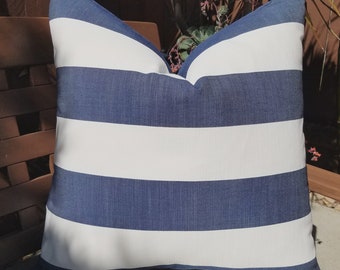 SAMPLE SALE, Perennials Go to Stripe in Blue Jean Outdoor Pillow, 22x22 Blue and White Striped Pillow, Custom Pillow, Pillow Cover only