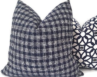 Sunbrella Plaid Mat Navy, Indoor Outdoor Pillow, Plaid Pillow, Custom Covers, Pillow Cover only