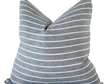 Blue Modern Farmhouse Pillow, SAMPLE SALE, Indoor Farmhouse Decor, Striped Pillow, Pillow Cover Only