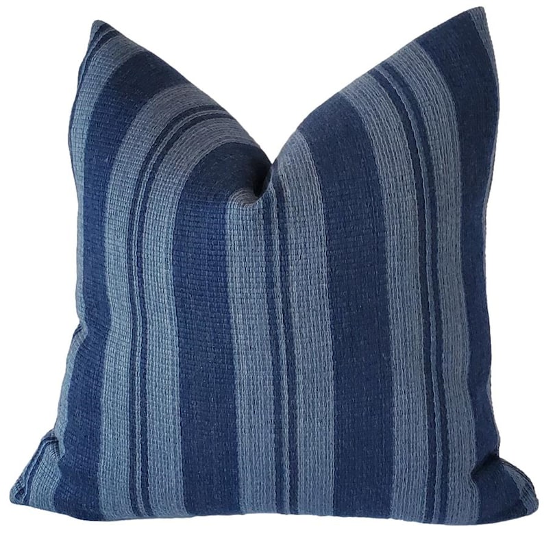 Sunbrella Vintage Stripe in Indigo Outdoor Pillow, Indoor Outdoor Cushions, Blue Lumbar Pillow, Pillow Cover only image 1