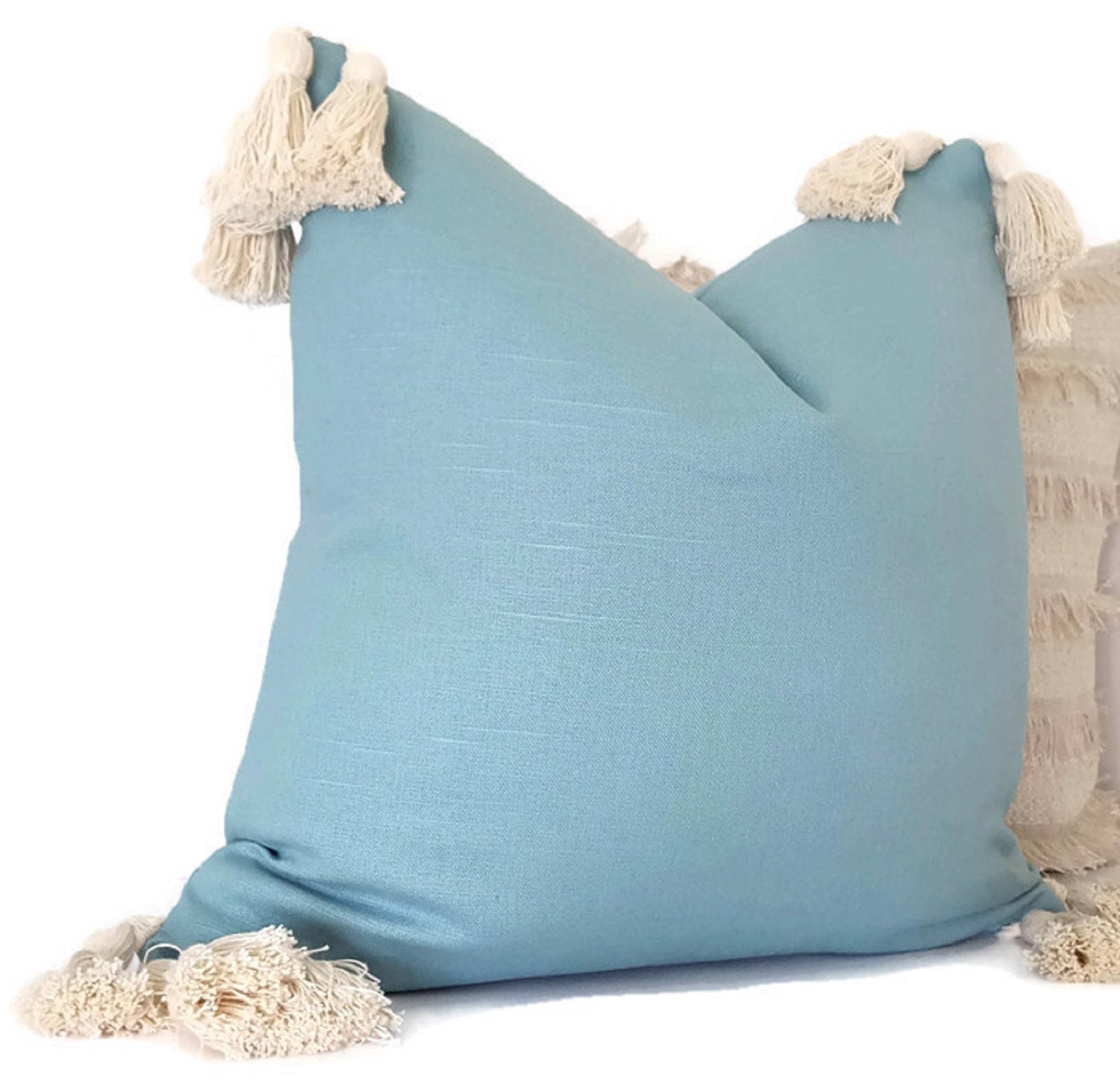 Solid Blue Tassel Pillow Cotton Linen Pillow Cover Etsy