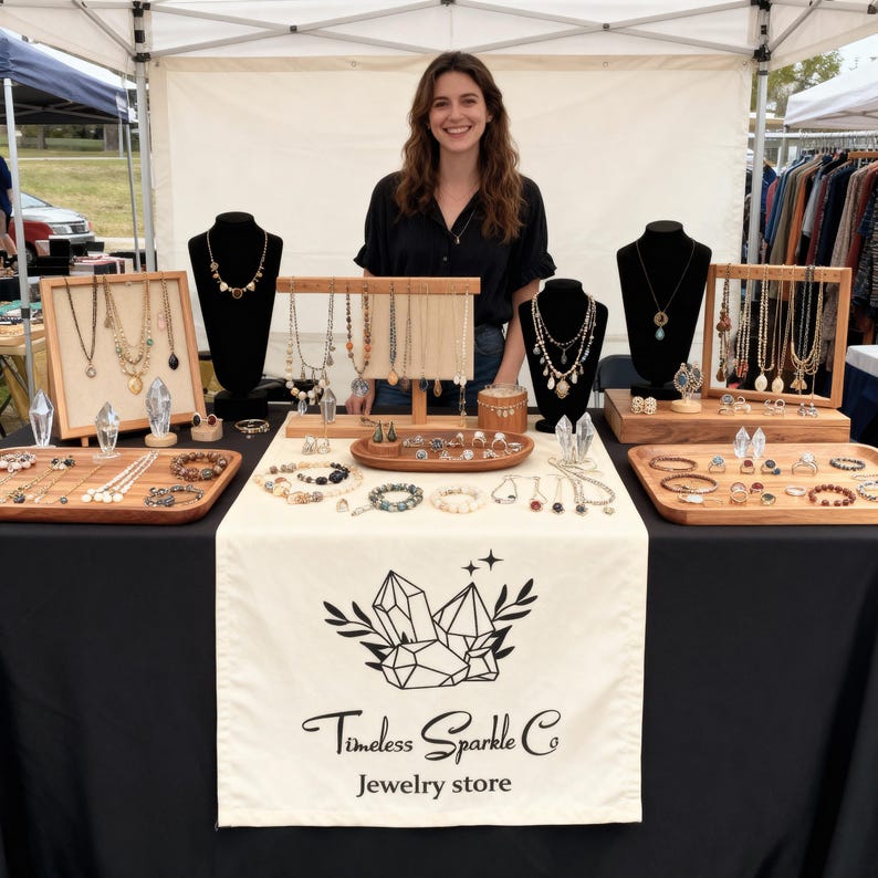 May include: A jewelry store display featuring necklaces, bracelets, and rings. The display includes wooden trays and stands showcasing various pieces. A woman stands behind the table with a banner that reads "Timeless Sparkle Co Jewelry store."