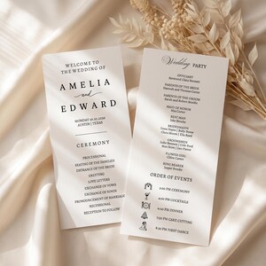 May include: Two white wedding programme cards with black text. The left card reads Welcome to the Wedding of Amelia and Edward, Monday 30.10.2026, Austin, Texas, and lists the ceremony order. The right card lists the wedding party and order of events.
