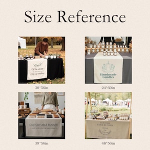May include: A size reference image showcasing various table runners with text and dimensions. The runners are displayed on tables with products, including candles and mugs. The dimensions are 30*56in, 24*60in, 39*56in, and 48*56in. The text includes "Handmade Candles" and "Custom Table Runner".