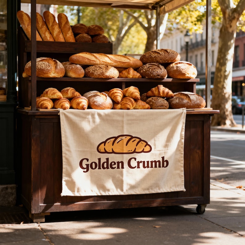 May include: A wooden bakery stand displays various types of bread and croissants. The stand has multiple shelves filled with loaves, baguettes, and rolls. A banner with the text "Golden Crumb" hangs from the front of the stand.