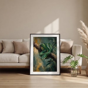 May include: A framed wall art print featuring an oil painting of a vibrant green snake coiled around a dark brown tree branch. The background consists of abstract brushstrokes in shades of deep teal, forest green, and muted gold, creating a textured effect.