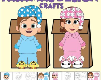 Lavoretto creativo con burattini di carta per la giornata del pigiama: modelli per bambino e bambina (download in PDF)