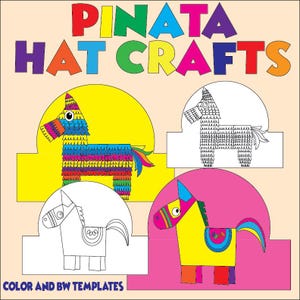 Puede incluir: Ilustración colorida de manualidades de sombreros de piñata. La imagen presenta el texto "PINATA HAT CRAFTS" en varios colores. Hay cuatro plantillas de caballos piñata, incluyendo una versión colorida y una versión en blanco y negro. El texto "COLOR AND BW TEMPLATES" está en la parte inferior.