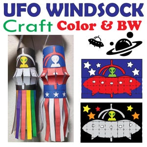 Puede incluir: Veletas OVNI en negro, blanco, rojo, azul, amarillo, verde y colores del arcoíris. La imagen incluye dos veletas terminadas, además de diagramas para proyectos de manualidades. El texto dice "UFO WINDSOCK Craft Color & BW".