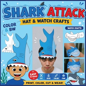Puede incluir: Un kit de manualidades Shark Attack para sombreros y relojes con plantillas de papel de tiburones azules. El kit incluye instrucciones para imprimir, colorear, recortar y usar sombreros y relojes de tiburón, con ejemplos visuales.