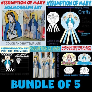 May include: A bundle of 5 Assumption of Mary themed craft templates. Includes agamograph art, hanging mobile crafts, pop art activities, windsock crafts, and hat crafts. Each template is available in color and black and white.
