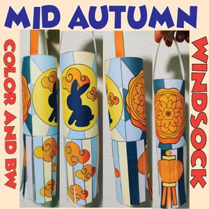 May include: Paper windsock lanterns with Mid-Autumn Festival designs. The lanterns feature illustrations of a rabbit, clouds, and a full moon. The text "Mid Autumn" and "Color and BW" are visible. The lanterns have orange and white hanging straps.