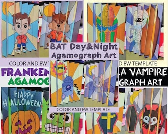 Halloween Agamograph Art Bundle | 5 Monster Paper Crafts | Kids Halloween Activity | Color  B&W Templates Printable