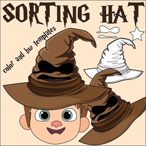 May include: Illustration of a brown Sorting Hat with a black face, a cartoon face, and a white Sorting Hat. The text "SORTING HAT" is at the top, and "color and bw templates" is on the left. The image has a light beige background.