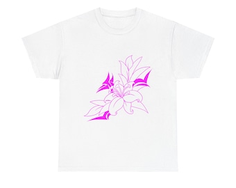 ピンクのユリ柄Tシャツ｜ミニマルなラインアートの花柄シャツ