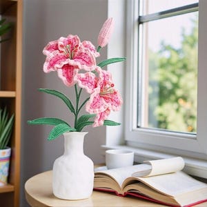 Peut inclure: Un arrangement de lys au crochet dans un vase blanc. Les fleurs roses et blanches ont des tiges et des feuilles vertes. Le vase est posé sur une table ronde à côté d'un livre ouvert et d'une tasse. L'arrière-plan comprend une fenêtre et une étagère en bois avec des plantes.