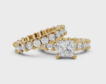 Brautring Set, Brautschliff Diamant Brautring, Princess Cut | Passender Ehering & Verlobungsring | Geschenk zum Jahrestag