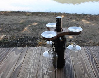 Personalized Chestnut Wine Glass Holder: Rustic Engraved Wine Caddy for Couples Home Bar