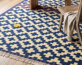 Handwoven Geometric Dhurrie Rug: Blue Ivory Wool Tribal Flatweave Carpet – Boho Scandinavian Style