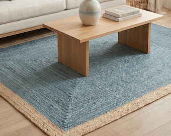 Handwoven Blue Jute Area Rug, Boho Coastal Farmhouse Carpet, Natural Fiber Living Room Rug
