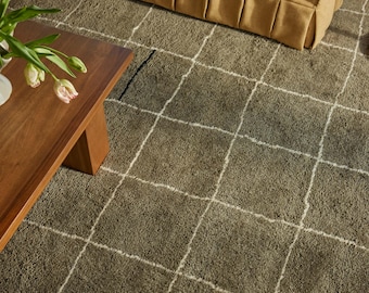 Hand Knotted Moroccan Rug, Sage Green Grid Wool Area Rug, Modern Berber Rug, Neutral Geometric Rug, Custom Size Living Room Rug 8x10 9x12 Ft