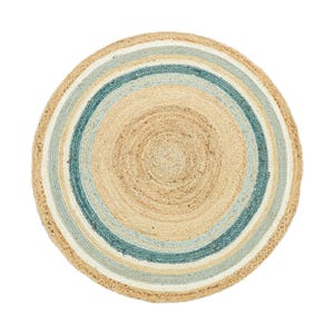 May include: A round, woven area rug featuring a concentric circular pattern. The design consists of a natural tan center surrounded by alternating rings of light blue, white, and a darker teal blue, all crafted from a textured, braided fiber material.