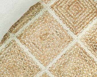 Handwoven Jute Area Rug, Geometric Diamond Farmhouse Carpet, Boho Living Room Décor