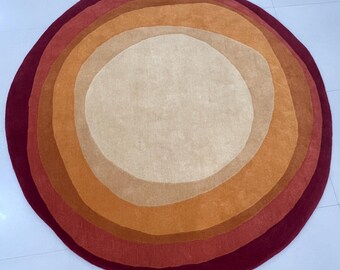 Sunset Halo Round Hand Tufted Wool Rug, Modern Circular Gradient Area Rug, Retro Orange Ombre Carpet, Contemporary Designer Rug